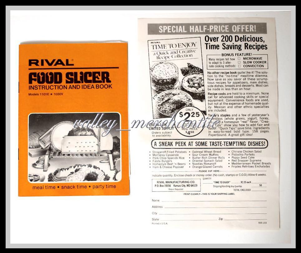 RIVAL ELECTRIC MEAT CHEESE SLICER 1101E/7 WITH INSTRUCTION & IDEA BOOK *SUPER*