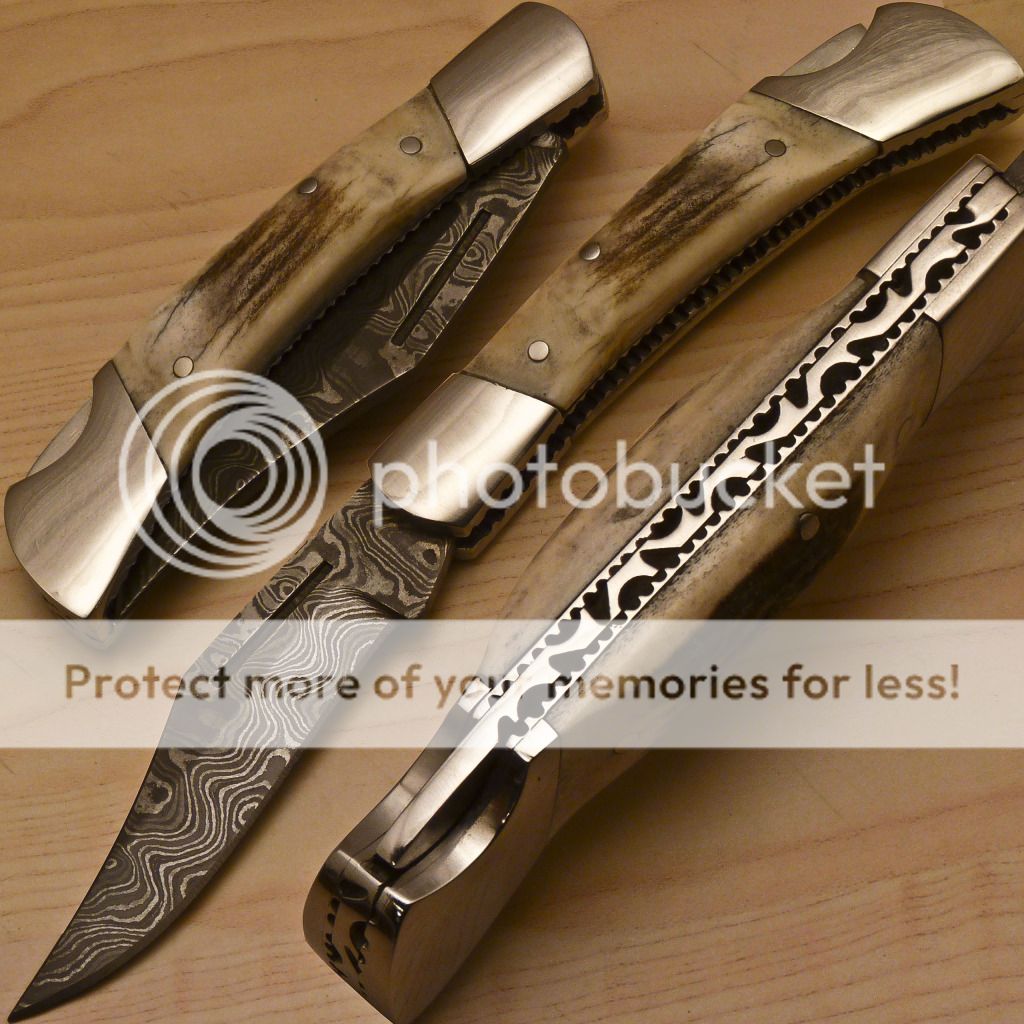 Michelles Custom Made Damascus Folding Pocket Knife Stag Antler BK